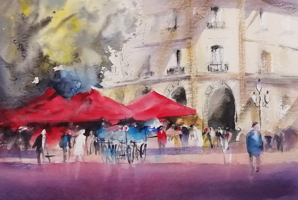 Wien Schwedenplatz – Aquarell · 38 × 50 cm · 2020
