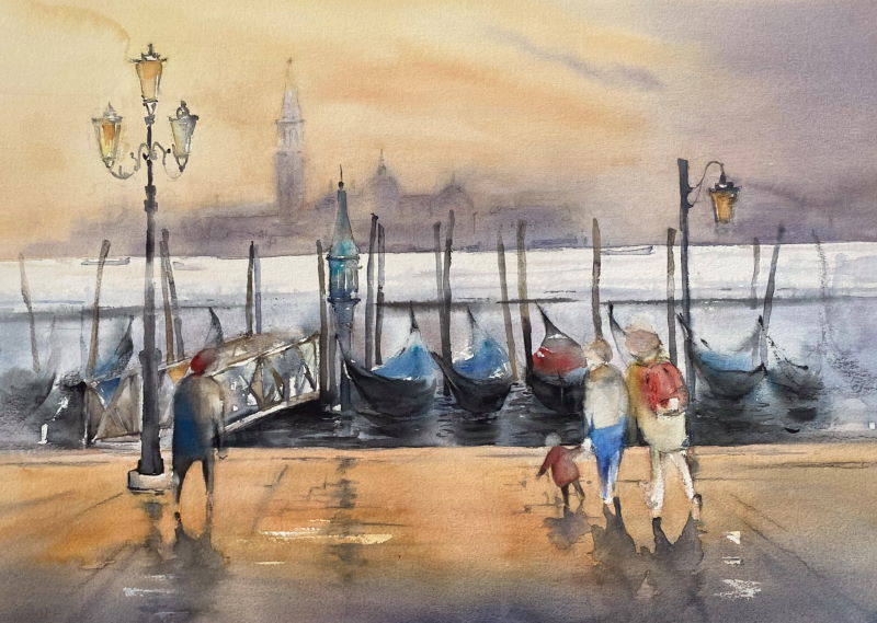Venedig mit Gondeln – Aquarell · 60 × 80 cm · 2023
